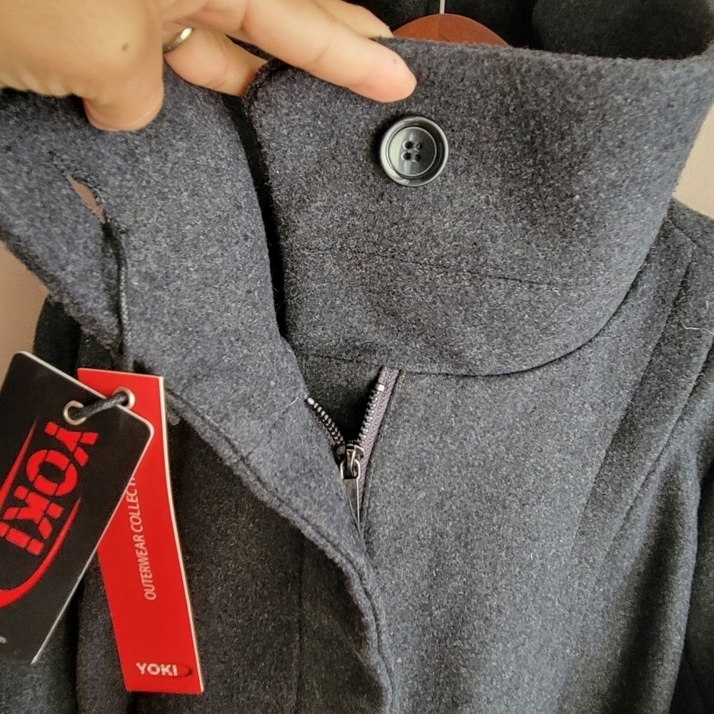 YOKI Outwear Winter Trench Coat Dark Charcoal Size Small Buttons /Belt New - Picture 9 of 15